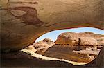 Chad, Terkei East, Ennedi, Sahara. A huge painting of cows and human figures on the ceiling of a large rock shelter.