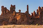 Chad, Chigeou, Ennedi, Sahara. A ridge of weathered red sandstone columns in a desert landscape.