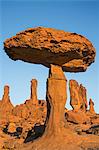 Chad, Chigeou, Ennedi, Sahara. A giant mushroom-shaped rock feature of balancing sandstone.