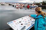 Girl pointing out marine life on an interpretation board beside the harbour at Stykkish-lmur, Snaefellsness Peninsular, Iceland.