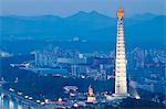 Democratic Peoples Republic of Korea, North Korea, Pyongyang. View of the Juche Tower and Taedong River from the Yanggakdo Hotel.