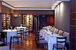 South America, Peru, Lima, San Ignacio.  The dining room at the Malabar restaurant run by chef Pedro Miguel Schiaffino, PR,