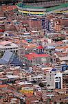 South America, Peru, Ancash, Huaraz. Aerial of the city centre of Huaraz showing Huaraz cathedral and the municipal stadium