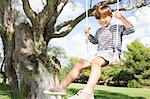 Cute boy on swing hanging from tree