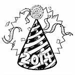 Doodle style New Year's Eve celebration sketch including party hat, confetti, and 2014 date marker. Vector format.