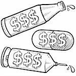 Doodle style bottle, syringe and pharmaceutical sketch with dollar signs on them to indicate wasted money, high treatment or health care costs, or the price of addiction . Vector format.