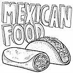Doodle style Mexican food sketch, including text message, burrito, and tacos in vector format.