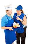 Boss yells at teenage fast food worker.  Isolated on white background.