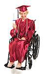 Disabled senior graduate in wheelchair, dressed in her cap and gown and holding her diploma.  Full Body isolated on white.