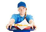 Teen girl serving fast food along with a big helping of bad attitude.  Isolated on white.