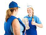 Teenage worker gives the thumbs up sign as her boss hands her the mop.  Isolated on white.