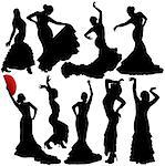 Women dancing flamenco and salsa vector silhouettes set. Layered. Fully editable.