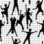 Editable vector seamless tile of children silhouettes climbing a rope mesh