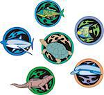 Vector set of decorative round dingbats with miscellaneous fish and reptiles.