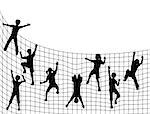 Editable vector illustration of children silhouettes climbing a net with kids as separate objects