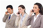 Businesspeople on the phone against a white background
