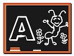 Illustration of alphabet letter A with a cute little happy ant isolated on blackboard. A is for Ant.