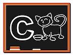 Illustration of alphabet letter C with a cute little cat on blackboard. C is for cat