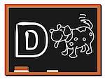 Illustration of alphabet letter D with a cute little dog on blackboard. D is for Dog