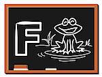 Illustration of alphabet letter F with a cute little Frog on blackboard. F is for Frog.