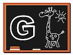 Illustration of alphabet letter G with a cute little giraffe on blackboard. G is for Giraffe.