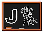 Illustration of alphabet letter J with a cute little Jellyfish isolated on blackboard. J is for Jellyfish