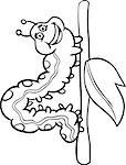 Black and White Cartoon Illustration of Funny Caterpillar Insect on stick with leaf for Coloring Book