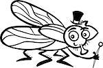 Black and White Cartoon Illustration of Funny Fly or Housefly with Hat and Cane for Coloring Book