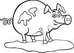 Black and White Cartoon Illustration of Funny Pig Farm Anima in Mud for Coloring Book