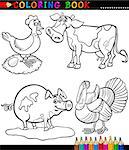 Black and White Coloring Book or Page Cartoon Illustration Set of Funny Farm and Livestock Animals for Children