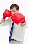 Attacking businessman with boxing gloves against a white background