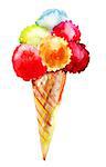 Different flavor ice creams with cone, watercolor illustration