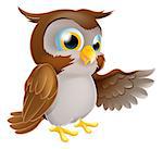 An illustration of a cute cartoon owl character pointing or showing something with his wing