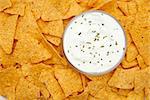 Bowl of white dip with herbs surrounded by nachos