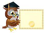 Illustration of a cute owl character in professor's or graduate's mortar board pointing at a diploma certificate background with copyspace