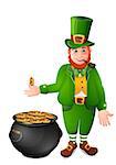 Leprechaun with cauldron full of gold coins isolated  on white