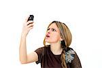 angry woman making a phone call over white background