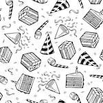 Doodle style party or celebration objects seamless vector background. Includes presents, noisemakers, party hats, and confetti.