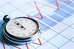 Business concept. Closeup of stopwatch on paper background with business chart