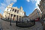 The statue of Queen Anne, standing outside the west front of St. Paul's Cathedral. The City of London, the United Kingdom. Shot made ??fisheye lens