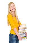 Smiling student girl holding stack of books