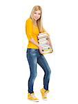 Full length portrait of happy student girl holding stack of books