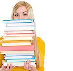 Student girl holding stack of books