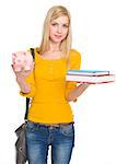 Student girl showing books and piggy bank