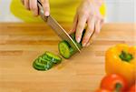 Closeup on housewife cutting cucumber