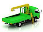 Green truck with a crane assembled. Side view