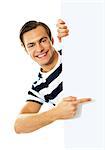Handsome person pointing on blank signboard isolated against white background