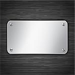 Metallic tablet attached with screws. Blank banner on dark background. Vector illustration