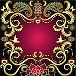 Purple-gold vintage valentine frame with red  hearts, birds and flowers (vector)