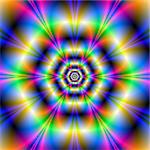 Digital abstract fractal image with a psychedelic neon hexagon design in blue yellow green and pink.